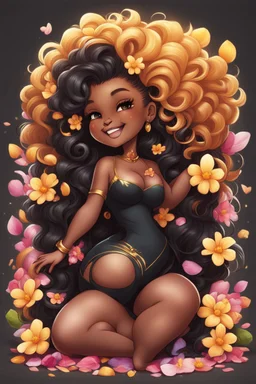 A sassy thick-lined airbrushed cartoon black chibi girl lounging lazily on her side, surrounded by flower petals. She has a golden lion tail curling playfully behind her curvy body. Looking up coyly, she grins widely, showing sharp lion teeth. Her poofy hair forms a mane framing her confident, regal expression.