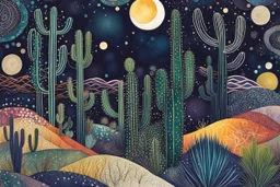 random color Zentangle patterns in the styles of Gustav Klimt ,Wassily Kandinsky, Paul Klee, and Kay Nielsen that depicts a moonlit desert cactus forest with fine ink outlining