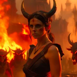 a dark haired tiefling woman with horns in a sleeveless battle outfit, a face like emma watson, amidst town ruins with fires burning, photo quality