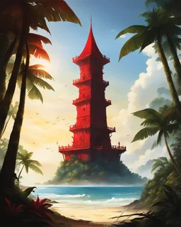 heroic fantasy, on an island beach and jungle: The weight of the moment hangs in the air as the crimson evil tower stands round and fun, a fortress of hope for the people of the Fonga Leaf. The sun's rays signals the time for a new master to emerge. The anticipation swells among the gathered crowd, their eyes fixed upon the tower, awaiting the arrival of the chosen one.