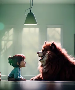 Realistic toys room scene. sweet big furry monster sitting. girl from behind. Steven Spielberg style. Red hair, smile, happy, gradient color fog. highly detailed, concept art, unreal engine 5, ray tracing, RTX, lumen lighting, ultra detail, volumetric lighting, 3d, finely drawn, high definition, high resolution.