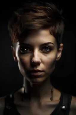 portrait of a 25 year old woman, sexy, fierce eyes, looking to the camera. Robotic body and ear, short hair, human face.