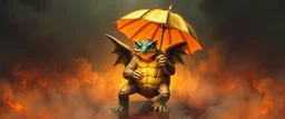 smite by god was the evil furry goblin gremlin winged turtle man holding a golden umbrella in a pool of smoke and lava in the style of Escher and Giger.