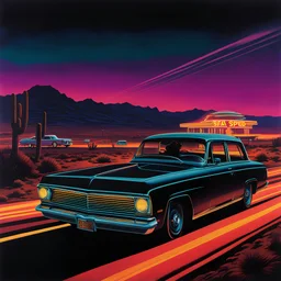Last Drive: rear 3/4 view, ((a man (with long hair and sunglasses) in a hearse car by night in the desert, aside a beautiful girl driving)). Neon speed lines and a motel in background. grainy photo realistic, 80's horror poster, Frazetta, dark and moody ambience