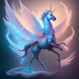  surreal unicorn with glowing wings, glowing soft and smooth wings, shadow, abstract surreal fantasy art, highly detailed, intricate patterns on wings, soft studio lighting, smooth dark blue background 64k