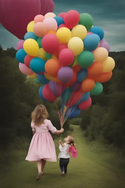 Carry a little girl home my trusted balloons, colorful, surrealism