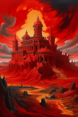 A red volcanic castle in a fiery realm painted by Michelangelo di Lodovico Buonarroti Simoni