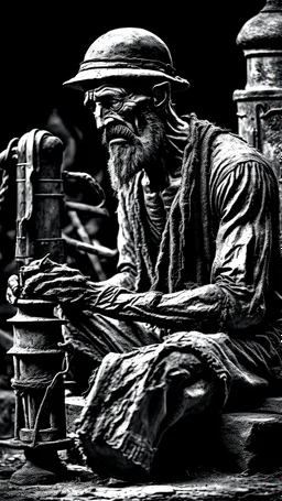 A man with oil lamp in a Coal mine.