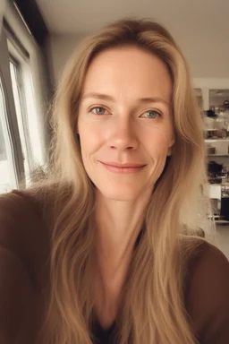 A selfie of a woman, middle long blond hair, showing a 39-year-old European woman. She has brown hair, face without makeup, cute nose, detailed full lips, skin texture. Natural lighting and low contrast