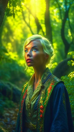 professional photography, natural lighting, volumetric lighting maximalist photoillustration: by marton bobzert: 8k resolution concept art intricately detailed, complex, elegant, expansive, fantastical, Modern, 2020s, detailed cinematic shot from, realistic cinematic scene, female aasimar cleric: 20 year old: short blonde hair: forest geen eyes pale skin: hailo above head: 8k resolution photorealistic masterpiece: by aaron horkey and jeremy mann, full body shot of showing detailed intricate work