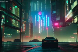 Cyberpunk district with giant foggy skyscarpers, cars, FoV: 100, HD, Unreal Engine 4, heavy rain, rainy streets reflection, neon signs, low contrast, grainy, less color, titanfall,