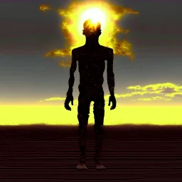 Text 'AS THE SUN STAINS THE SKY' in shaky handwriting as the centerpiece of an anthropomorphic metaphoric solar pixelated creature with very long legs leaving a dirty yellowish smear in sky behind it, glitchy grainy photography, surreal, minimalism, moody, sinister, profound, fantastical