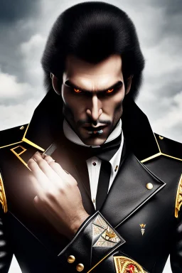 a tall, imposing Vampire, with broad shoulders and massive arms, Long, thick, black hair, a nose that curves down like a vultures beak, a large, square chin with a large impression denting the center of it, extremely pallid skin, dark, evil eyes, wearing a black leather jacket and pants with a black high collared leather cape, realistic lighting, Very accurate, full body portrait, eyes looking directly into the camera in dark dramatic lighting, realistic, photorealism, 4k, HD, Ultra-HD,