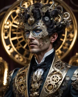 Captivating cinematic portrait of an alien man with intricate clock-like dial, adorned with gears and springs that move to create countless expressions. His metallic skin shines under the soft lighting, he wears a wig and a baroque-style frock coat, with an air of elegance. In the background, a concert hall with musicians and an audience captivated by the mechanical face of the alien, immersed in a whimsical and harmonious atmosphere