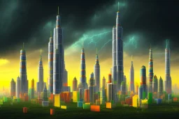 One mile tall plastic city Towers made out of stacked Rubik's Cubes, Orange, white, blue, green. Stormy sky