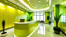 large clinic reception, modern and luxurious, yellow and green tones