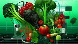 An abstract collage of various vegetables intertwined with futuristic cybernetic enhancements