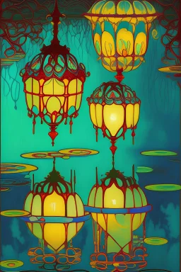 Ghostly Lanterns floating on water, abstract and surreal landscape, ethereal feel, reflection in water, serene and peaceful with deep colors, striking pallet, richly colorful, masterpiece, museum quality, professional, fine art, detailed, split-complementary colors , Alphonse Mucha, Gustav Klimt, art nouveau, maximalist, ,