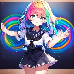 Clear focus,High resolution, Black and Rainbow short fluffy hair, and rainbow eyes, wearing a sailor uniform, must wear a short skirt with a horizontal line