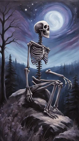 A oil painting of a skeleton sitting on the top of a hill, lookin into the night sky. A Forrest in the background. Painting. Purple colours. Blue colours. Night. Melancholic mood. Colorful.Pastel colours. Masterpiece.