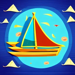Legend Of Zelda: Wind Waker style Small wooden ship, with bright sails, on a vast ocean, stylized, colorful, adventurous, full view.