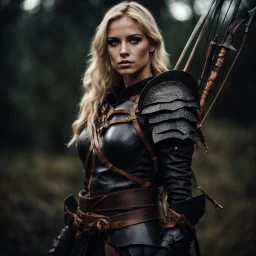 portrait of a 20 year old blonde female warrior wearing leather half armour and carrying a bow, dark fantasy