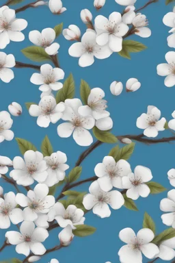 White cherry blossom digital art with blue background