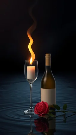 Fire in a glass, candle s on river water surface dark background with stars a bottle of wine and a rose