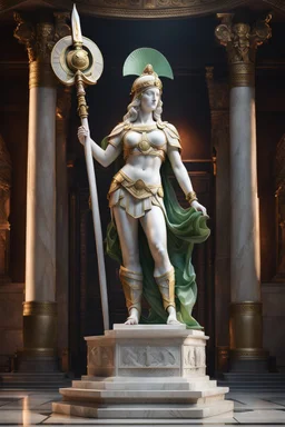 highly detailed marble and jade roman statue on a plint of the goddess of love and war. sandals, armor, spear, shield. full body shot, Hyperrealism, breathtaking, ultra realistic, unreal engine, ultra detailed, volumetric fog, cinematic lighting, , stunning temple environment