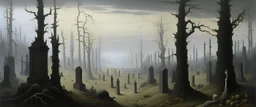 A graveyard filled with screaming ghosts painted by Caspar David Friedrich