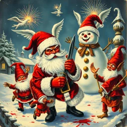 there is no kebabs at christmas, evil Santa, evil gnomes running around, staring flaming eyes, evil Rudolf, very big evil melting angry Frosty the snowman in background, kebabs and kebab, 1940 christmas postcard, blood stains, Flying angel Cherubs, Santa holding a knife, fireworks