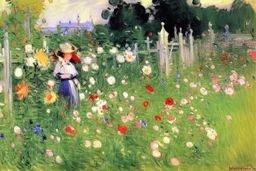 Flowers, hummingbird, sunny day, fence, field, berthe morisot and konstantin korovin painting