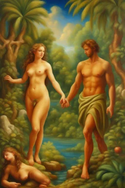 Adam and Eve in a very beautiful paradise, in the style of oil painting