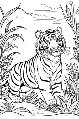 Showcase a cute tiger in a lush Asian rainforest, clean line art, white background, no shadows, black and white coloring book.