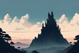 Nature,castle silhouette in the horizon ,mountain, ghibli style