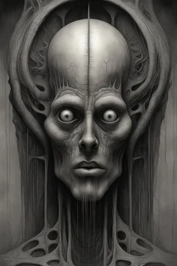 The face of a king with a hairy head a thin line draw ، front view camera, decayed and rotting with grotesque proportions and imagery. surreal horror, biomechanical design, by hr giger and beksinski , fine lines draw