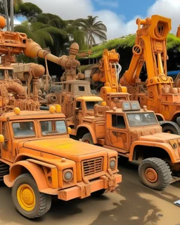 A light rosy orange colored junkyard filled with construction vehicles designed in Hawaiian tiki statues painted by Leonardo da Vinci