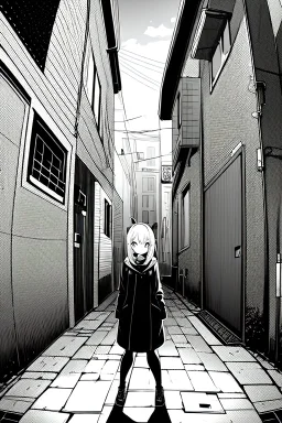 girl is standing in alley, fisheye camera, greyscale