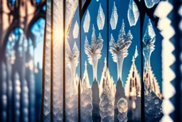 double exposure, sagrada familia barcelona, ice flowers on a window in sunshine, backlit, ethereal, cinematic postprocessing, bokeh, dof