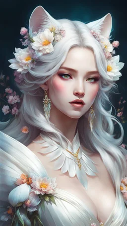 (Full View ultrarealistic Portrait ethereal fantasy hybrid white tigress wearing beautiful gown, flowers, spirituality, 4k digital masterpiece by Anna Dittman and Alberto Seveso Ruan Jia, rossdraws, artgerm and greg rutkowski and alphonse mucha and loish and WLOP, fantasycore, Hyperdetailed, realistic digital painting, soft lighting, featured on Artstation)), dark background, mid shot, full body, neutral expression, ultra realistic, highres, superb, 8k wallpaper, extremely detailed, intricate, l