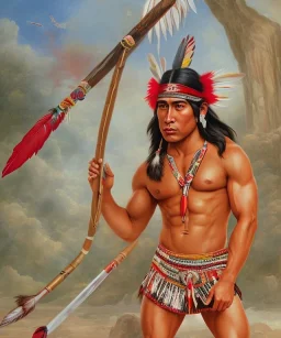 Guaicaipuro, native american god warrior, long black hair, big muscles, red feathers headdress, shirtless, holding a stone tip spear