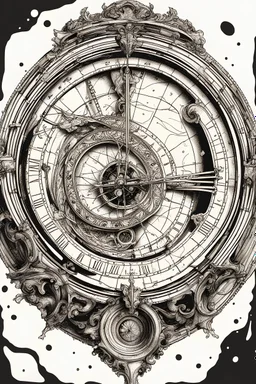 A drawing vector with defined details black ink on white background of a astronomical clock realism