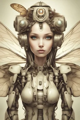 a very cute and wonderfull fairy young woman robot, very detailed dragonfly's wings