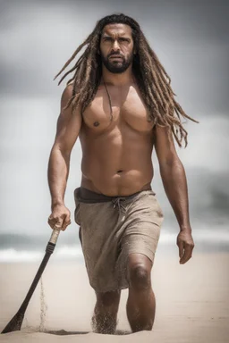 full figure shot photography of an angry strong muscular beefy burly 38 years old ugly arab fisherman, short beard, dreadlocks, shirtless, manly chest, bulging swimwear, angry eyes, walking on the beach in the sun, side light, sweat and wet, ground view angle