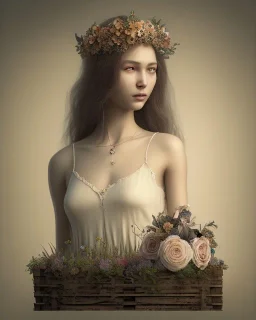 sepia portrait young girl with flower crown sitting on an empty crate, white dress, potholes on road, ramshackle, crow, 8k resolution, high-quality, fine-detail, intricate, digital art, detailed matte, volumetric lighting, dynamic lighting, illustration, 3D octane render, brian froud, howard lyon, selina french, anna dittmann, annie stokes, lisa parker, greg rutowski,