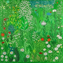 A green meadow with flowers designed in ancient Greek mosaics painted by Henri Matisse