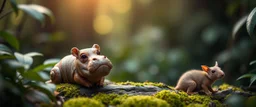 crazy cute small dog hippo snail slug rat weasel gremlin, warped in jungle with bokeh and space blur