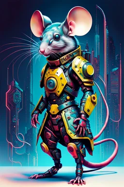 Ilustración lineal arte surrealista de un ratón con armadura cyberpunk, full body, hiperdetallada, increíble obra de arte, colores complementarios, maximalista