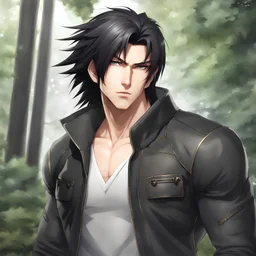 anime style, (male:1.2), ( long spiked black hair:1.3), realistic, (upper_body:1.1), (muscular:1.7), depth_of_field,(detailed face:1.3), (masterpiece:1.2), (best quality:1.2), (symetrical:1.2), (detailed eyes:2.0), (golden eyes:1.5), (glowing flames on background:1.2), (full body shot:1.2), (sharp focus:1.2)