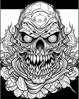 create a 2d black outline, "scary psycho monster with half of face with deformation on face and psycho smile and corrupted thorn coloring book for adults", coloring page, low details design, black contour, coloring page design, coloring page for adults,horror background, black contour and white space beetween contour, same contour,sketch style, horror style, creepy style, minimalist, halloween background,simple